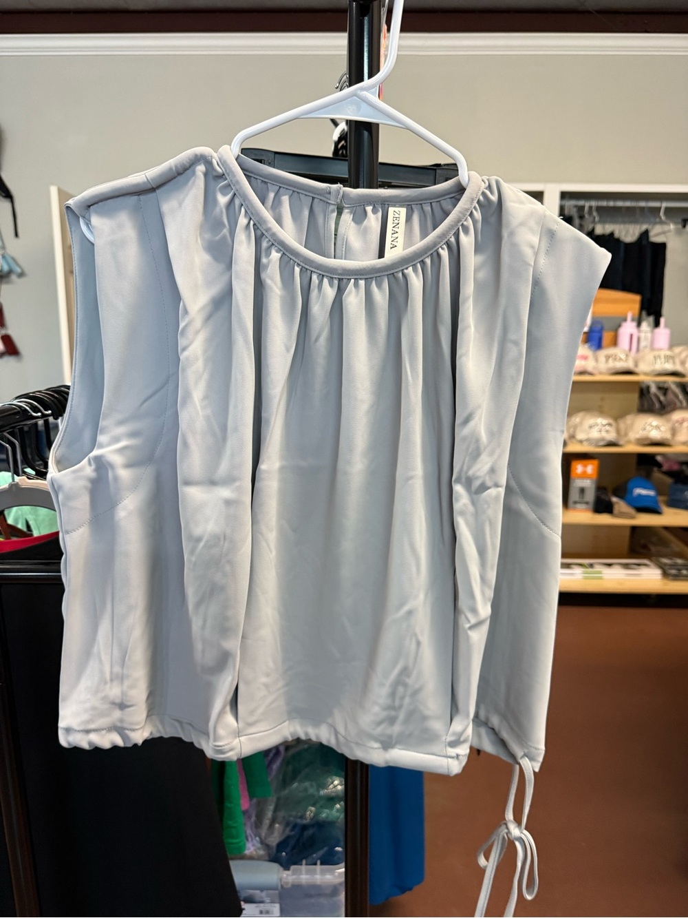Zenana Outfitters Light Gray Sleeveless Gathered Neck Blouse with Side Tie